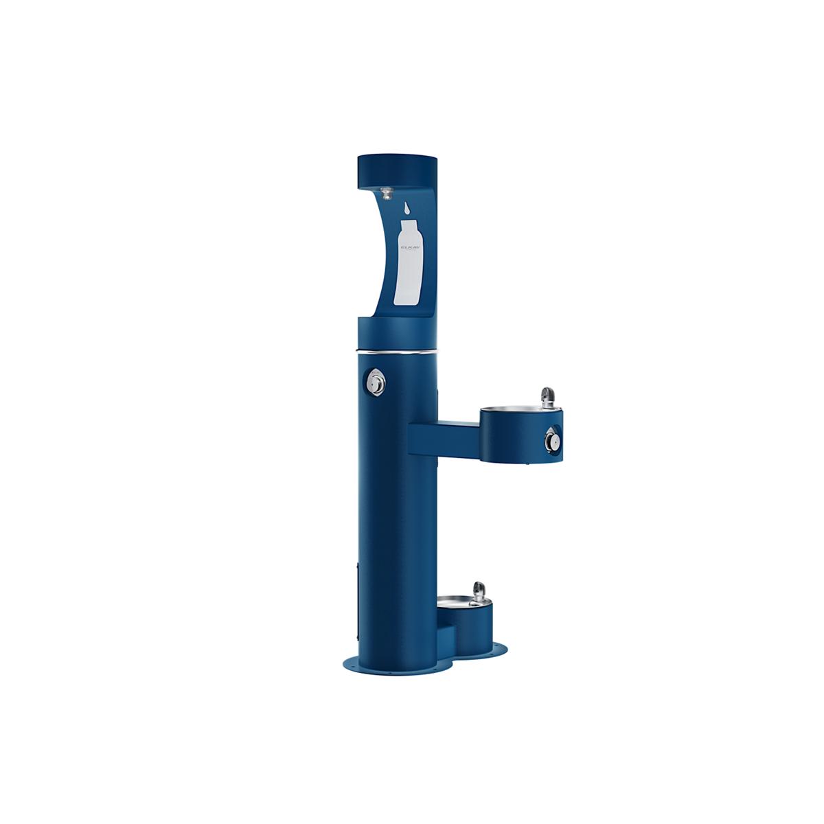 Blue pedestal water station with upper bottle filler, middle spout, and lower pet bowl station.
