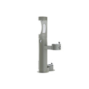 Gray pedestal water station with upper bottle filling station and lower pet bowl station, featuring two drinking fountains at
