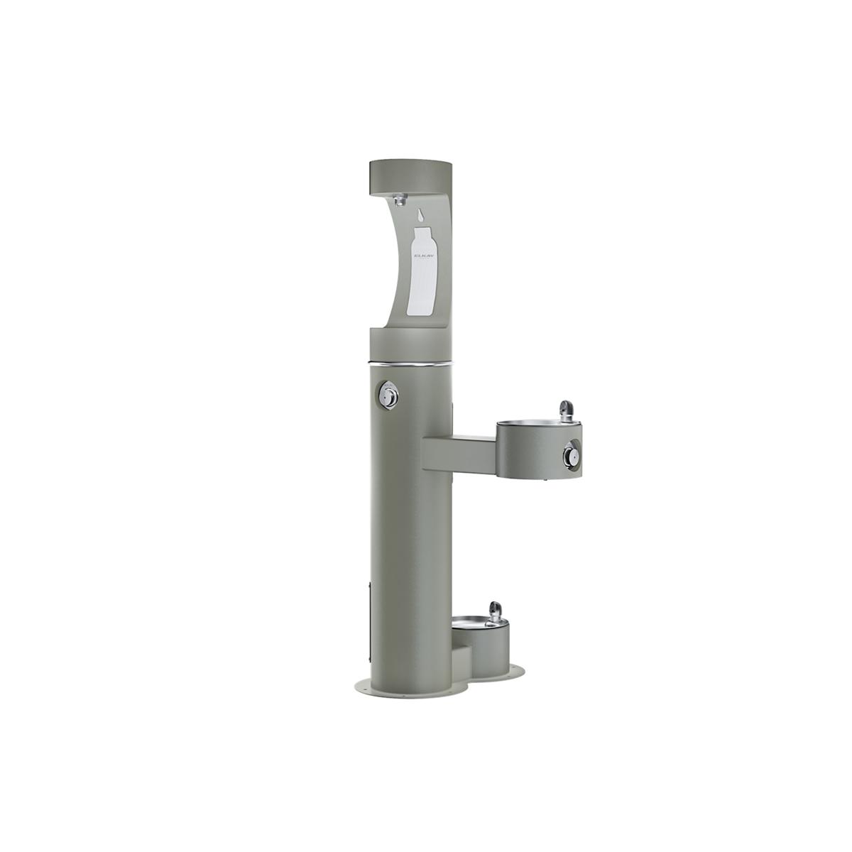 Gray pedestal water station with upper bottle filling station and lower pet bowl station, featuring two drinking fountains at