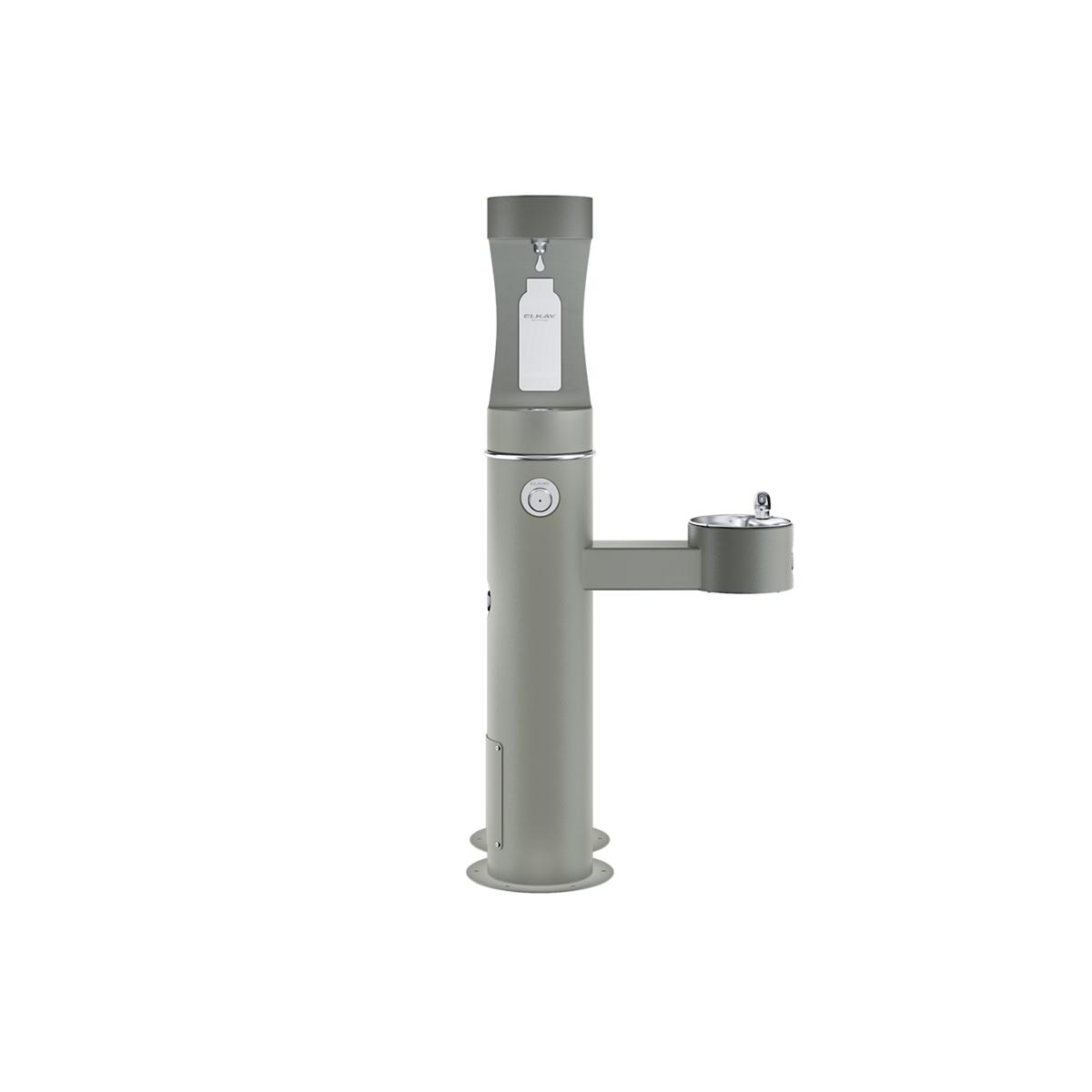 Gray pedestal water fountain with upper bottle filling station and lower pet water bowl on right side.