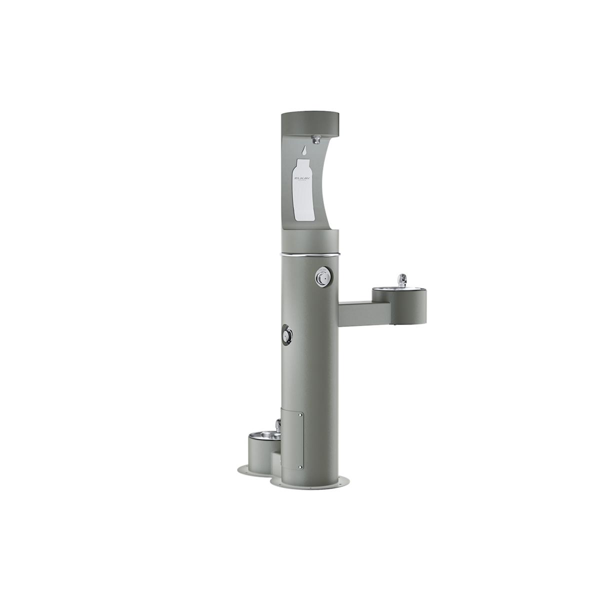 Gray pedestal water station with upper bottle filling spout and lower pet bowl station with side spout.