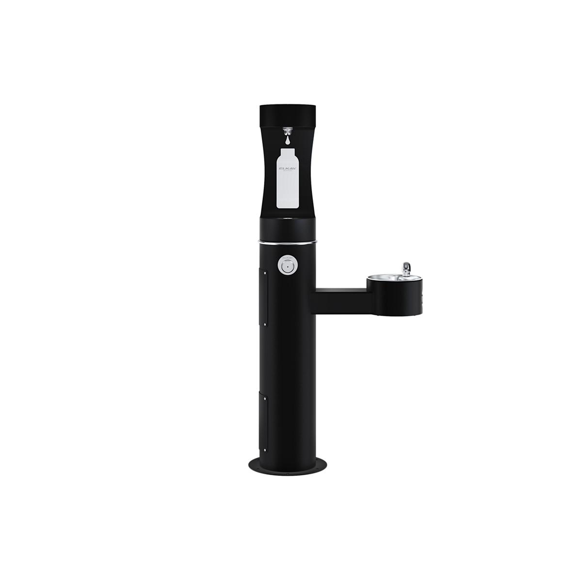 Black pedestal water filling station with upper bottle filling spout and lower drinking fountain spout.