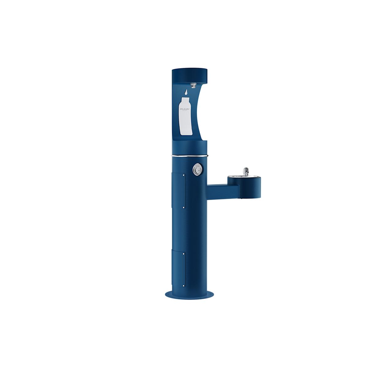 Blue pedestal water bottle filling station with upper and lower spouts, featuring bottle icon and push-button operation.