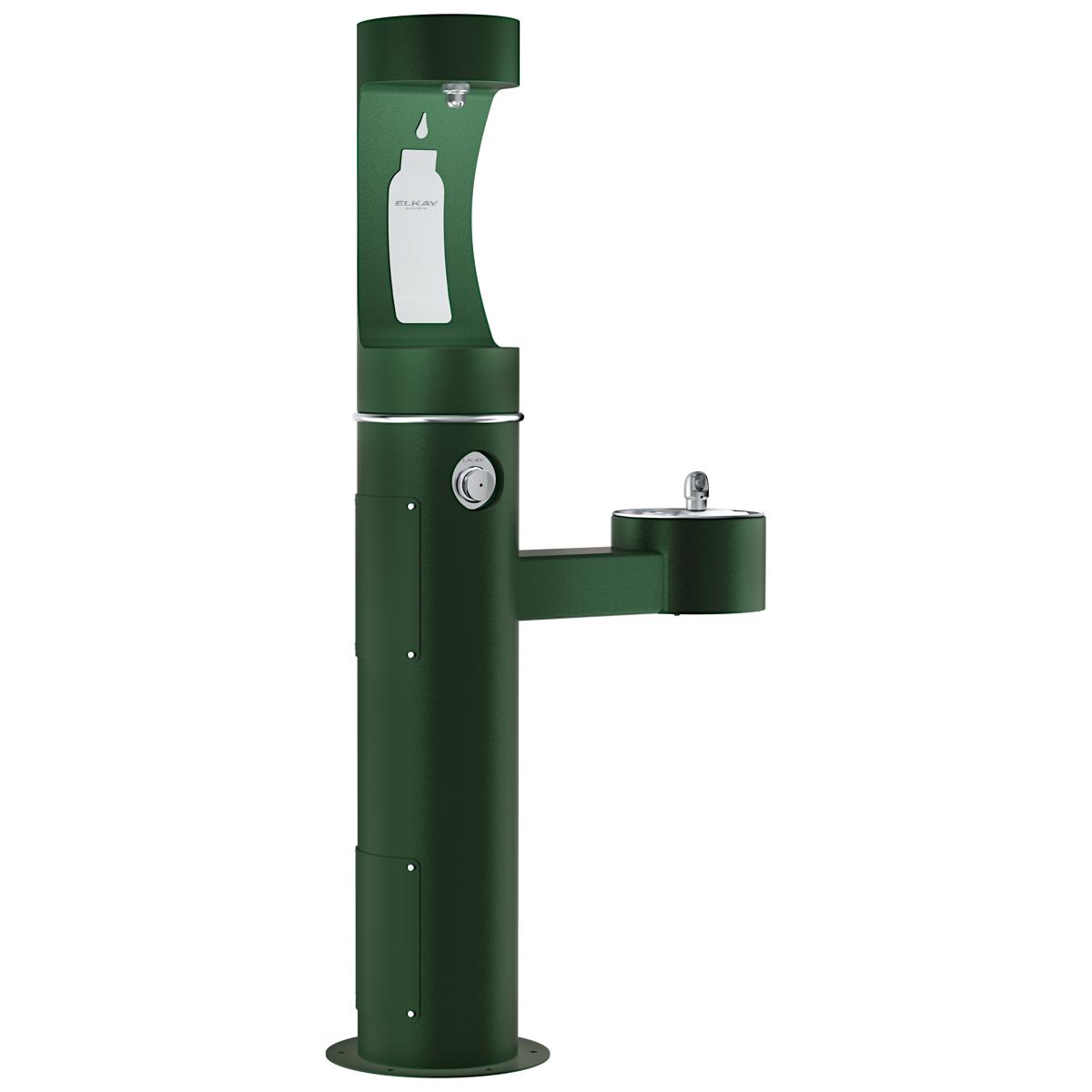 Green pedestal-mounted outdoor water filling station with upper bottle filler and lower drinking fountain spout.