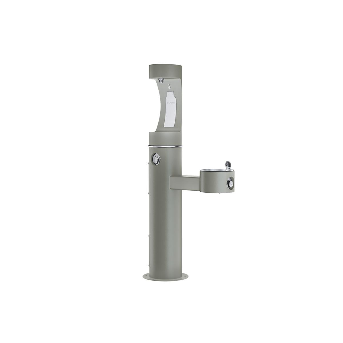 Gray pedestal water filling station with upper bottle filler and lower bowl spout, featuring two foot pedal controls.