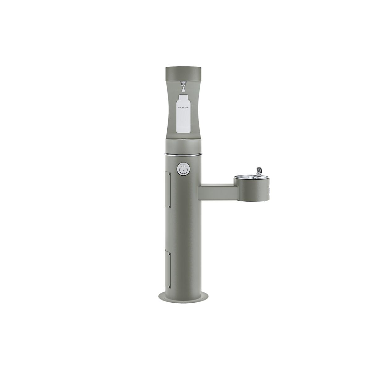 Gray outdoor pedestal water fountain with upper bottle filling station and lower bowl spout with foot pedal control.