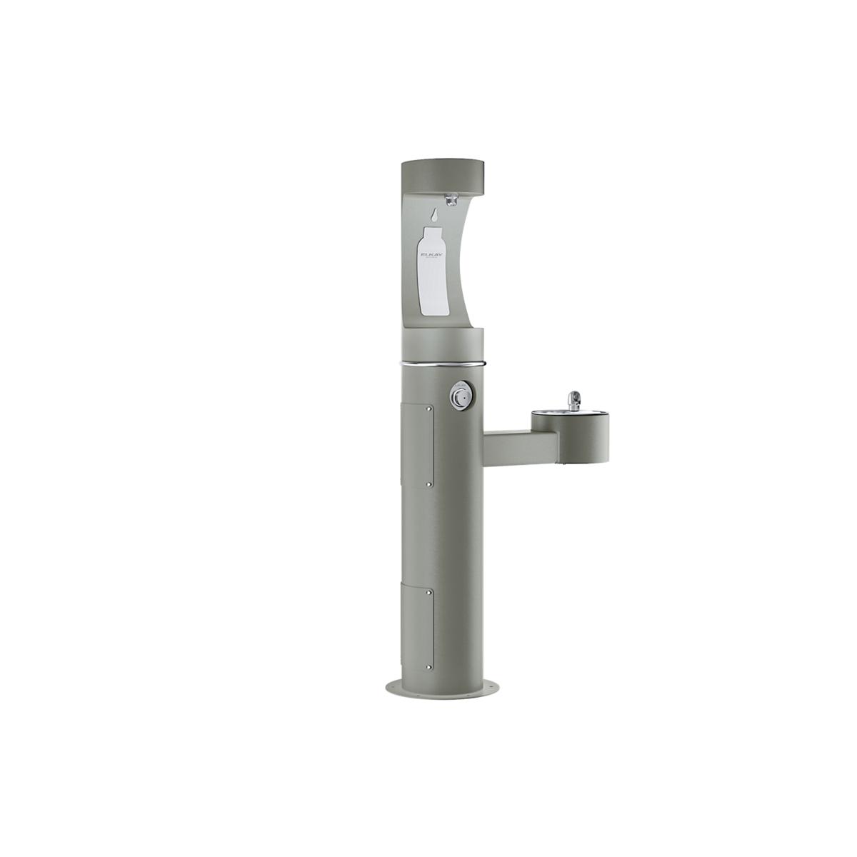 Gray pedestal water fountain with upper bottle filling station and lower drinking fountain with side spout.