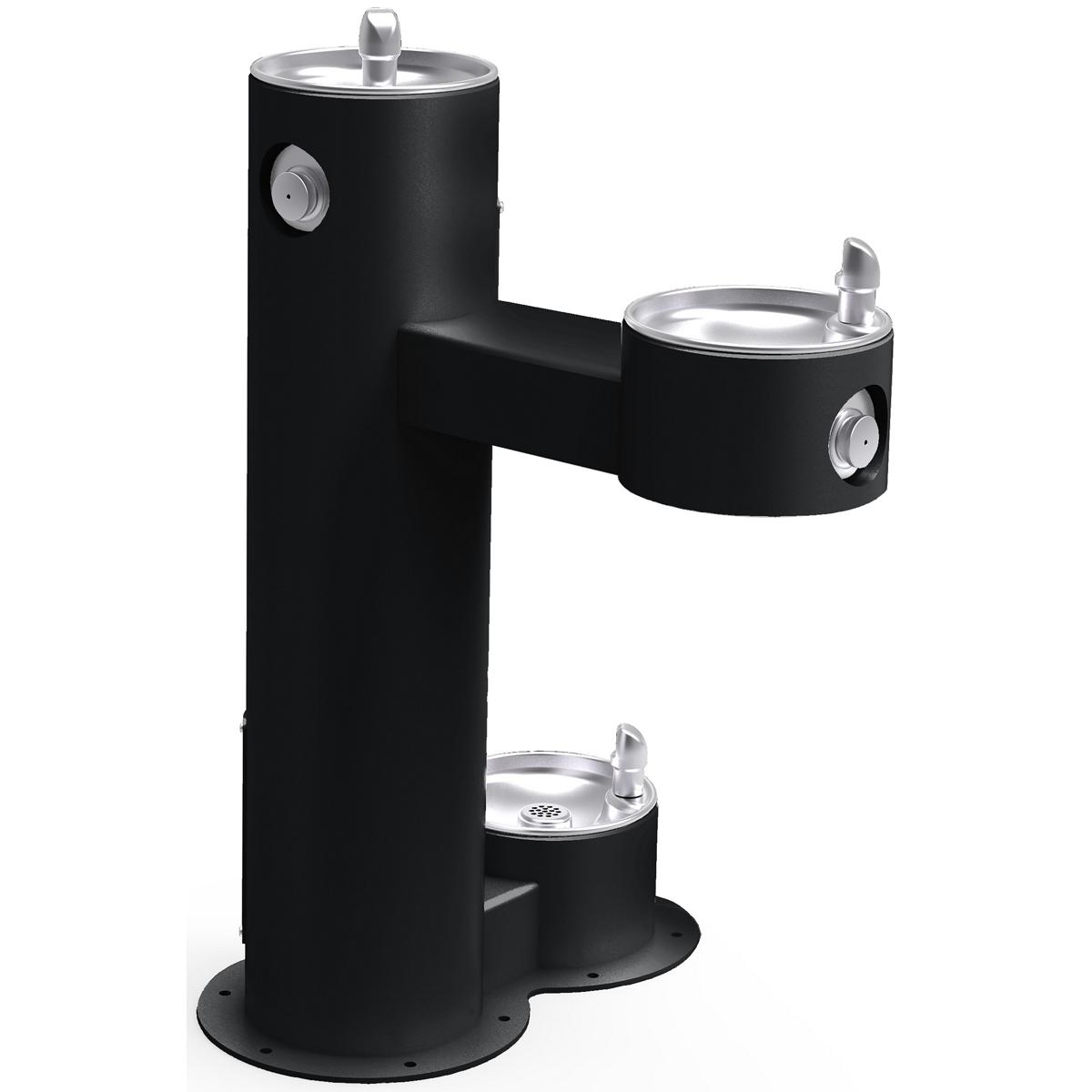 Black pedestal fountain with two elevated bowls and one ground-level bowl, each with silver faucets and control buttons.