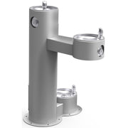 Gray pedestal fountain with two upper drinking bowls and lower pet station bowl, each with silver faucet spouts.