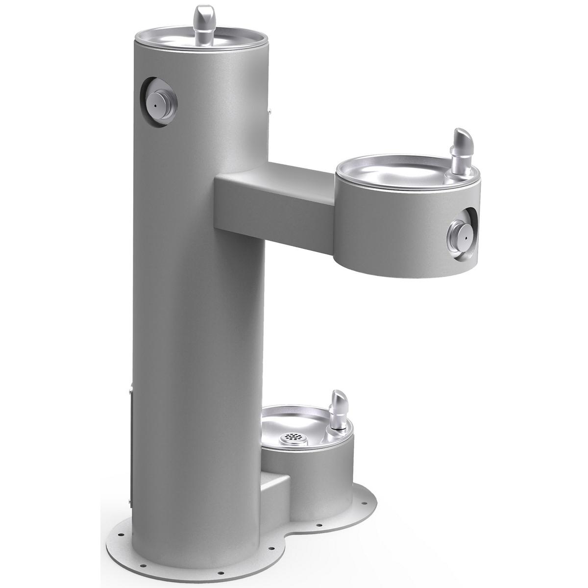 Gray pedestal fountain with two upper drinking bowls and lower pet station bowl, each with silver faucet spouts.