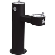 Black pedestal drinking fountain with two stainless steel bowls at different heights and chrome water fountains.