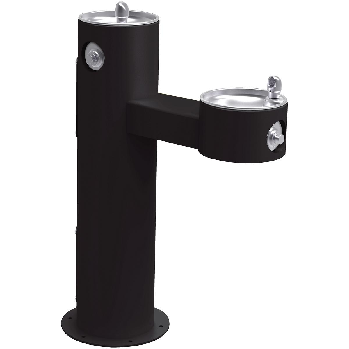 Black pedestal drinking fountain with two stainless steel bowls at different heights and chrome water fountains.