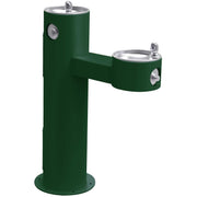 Evergreen pedestal fountain with two stainless steel drinking bowls at different heights and circular valve fixtures.