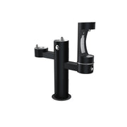 Black pedestal water bottle filling station with three spouts at different heights for filling bottles.