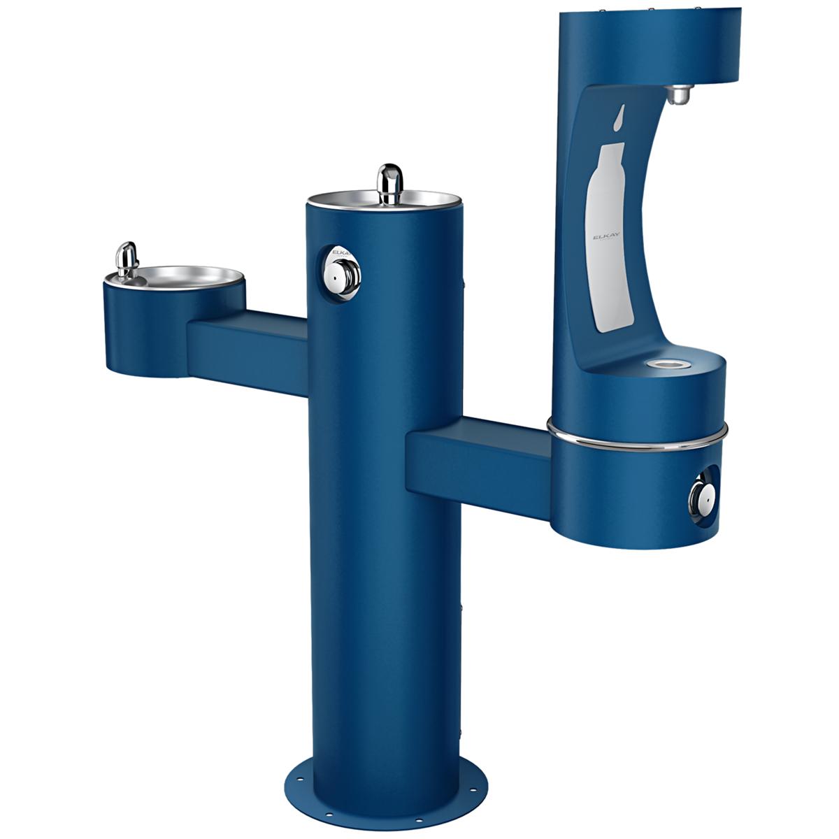 Blue tri-level outdoor water fountain with three stainless steel bowls at different heights and foot pedal activators.