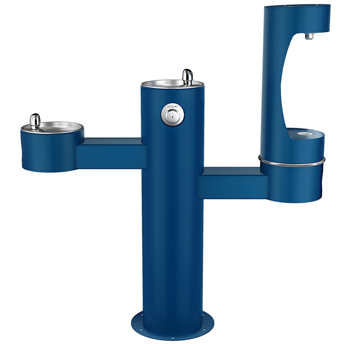 Blue tri-level outdoor drinking fountain with three stainless steel bowls and foot pedal controls at varying heights.