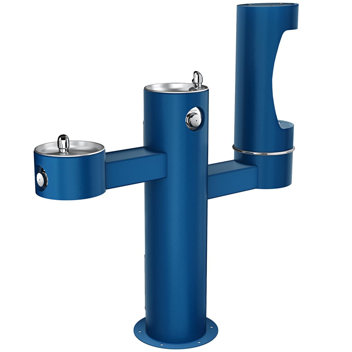 Blue pedestal water fountain with three stainless steel drinking bowls at different heights and foot pedal controls.