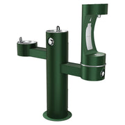 Green pedestal outdoor water fountain with three drinking stations at varying heights and push-button controls.
