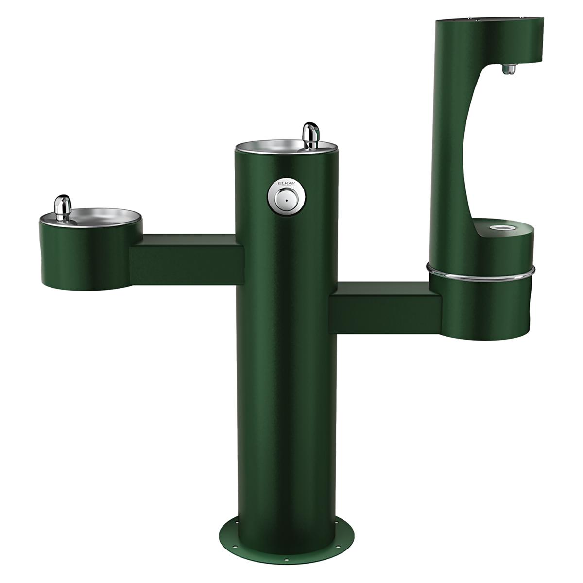 Tri-level evergreen pedestal water fountain with three drinking stations at different heights and push-button controls.
