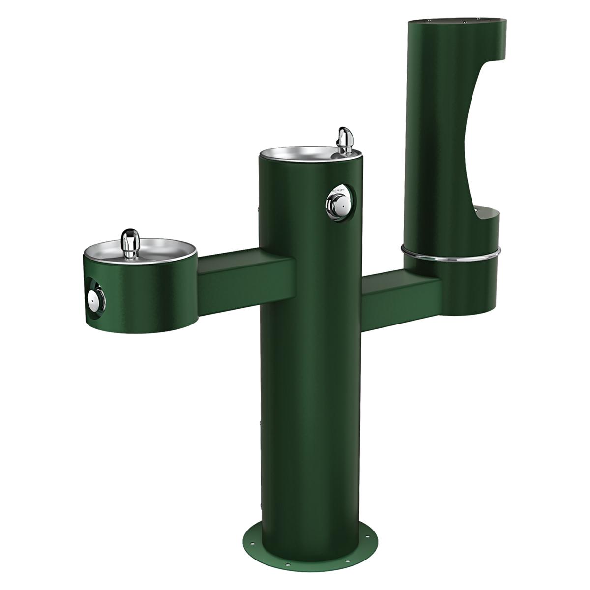 Green tri-level outdoor water fountain with three drinking stations and stainless steel bowls at different heights.