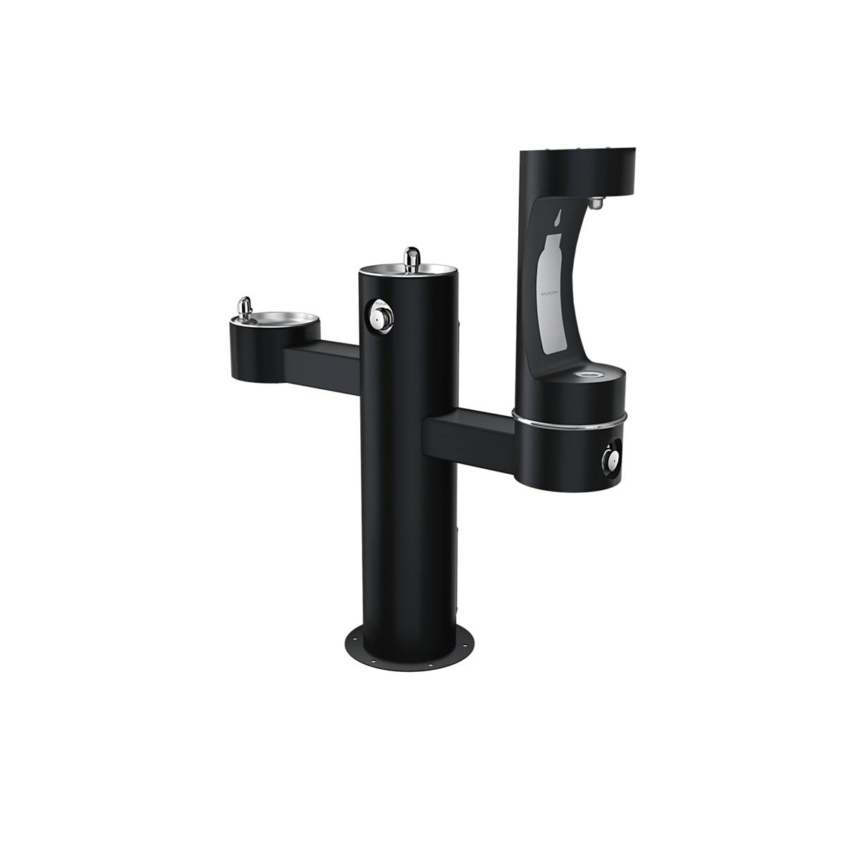Black pedestal water bottle filling station with three spouts at different heights for accessible refilling.