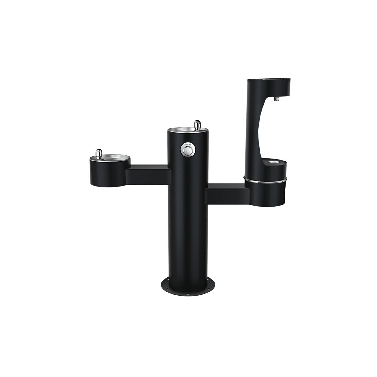 Black pedestal bottle filling station with three water fountain bowls at different heights and a tall center spout.