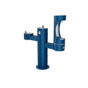 Blue tri-level outdoor water fountain with three drinking stations at different heights and bottle filling spout on right arm