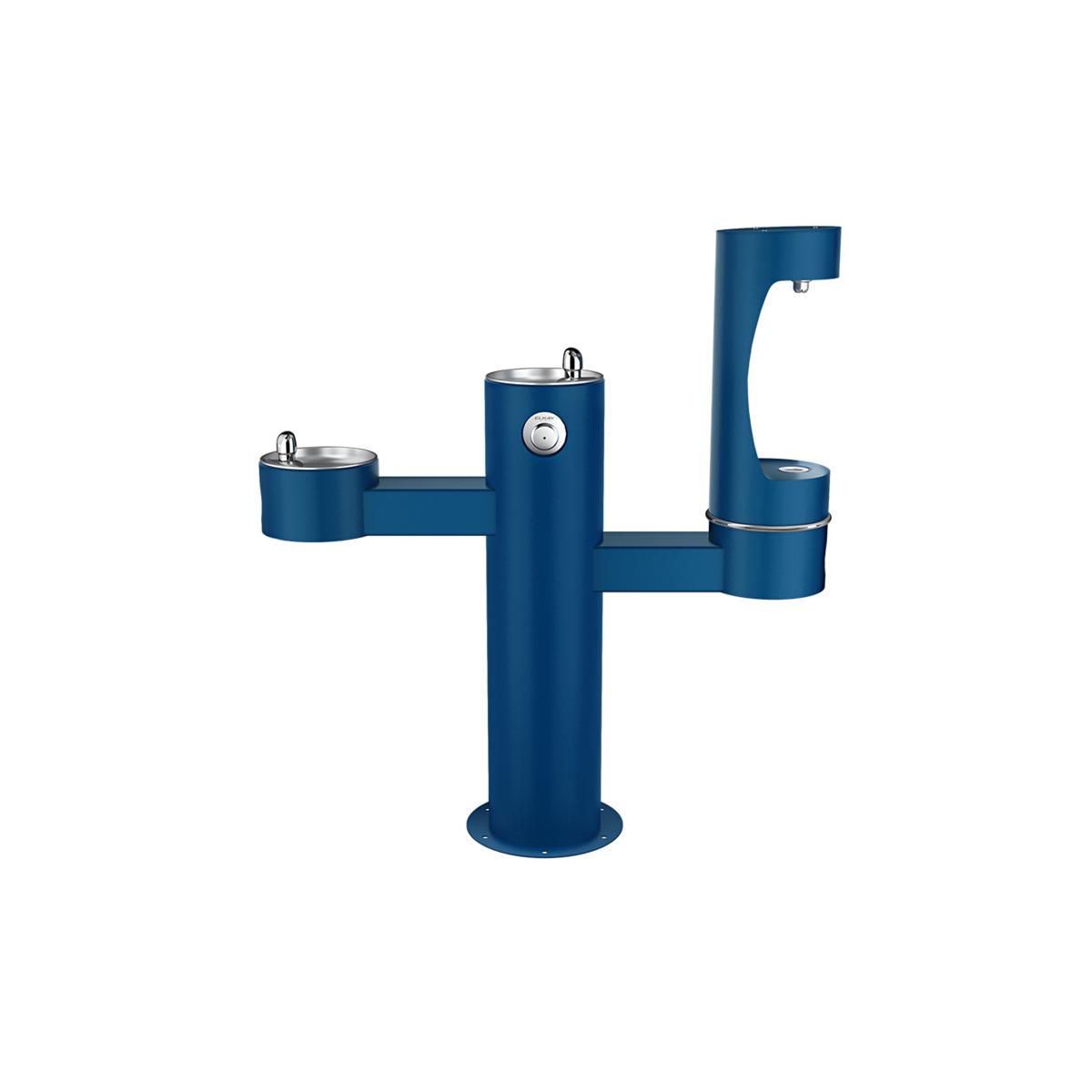 Blue pedestal-mounted water fountain with three drinking bowl stations at varying heights and tall filler spout.