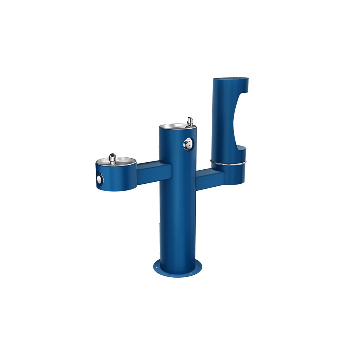 Blue tri-level outdoor pedestal water fountain with three bottle filling stations at different heights.