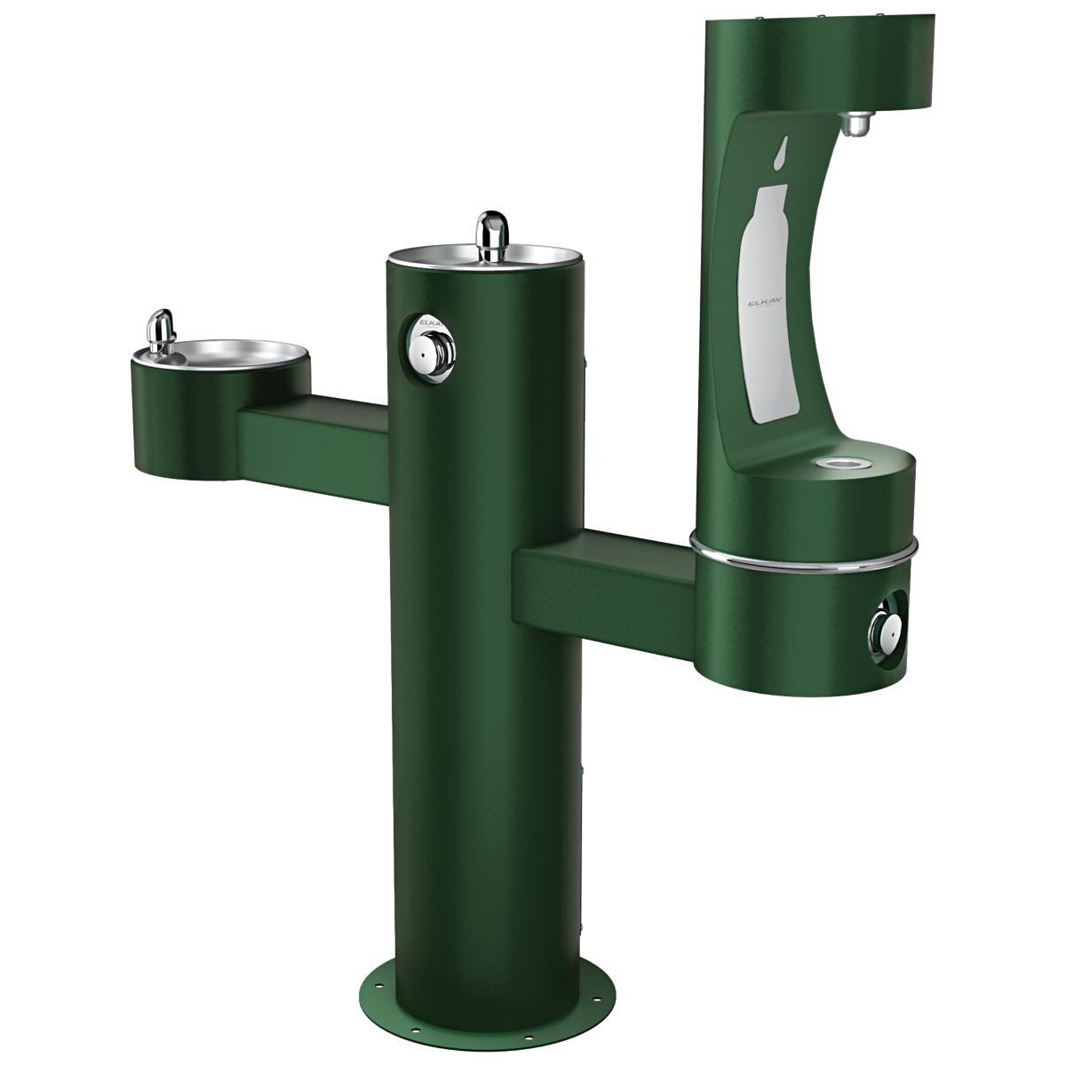 Green pedestal-mounted water bottle filling station with three spouts at different heights and stainless steel drinking bowls