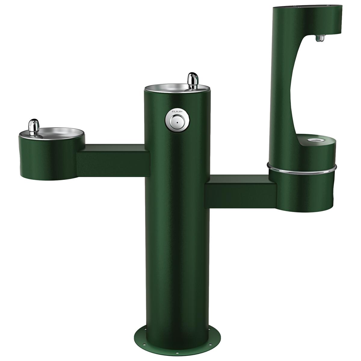 Green tri-level outdoor water fountain with three drinking bowls at different heights and push-button controls.