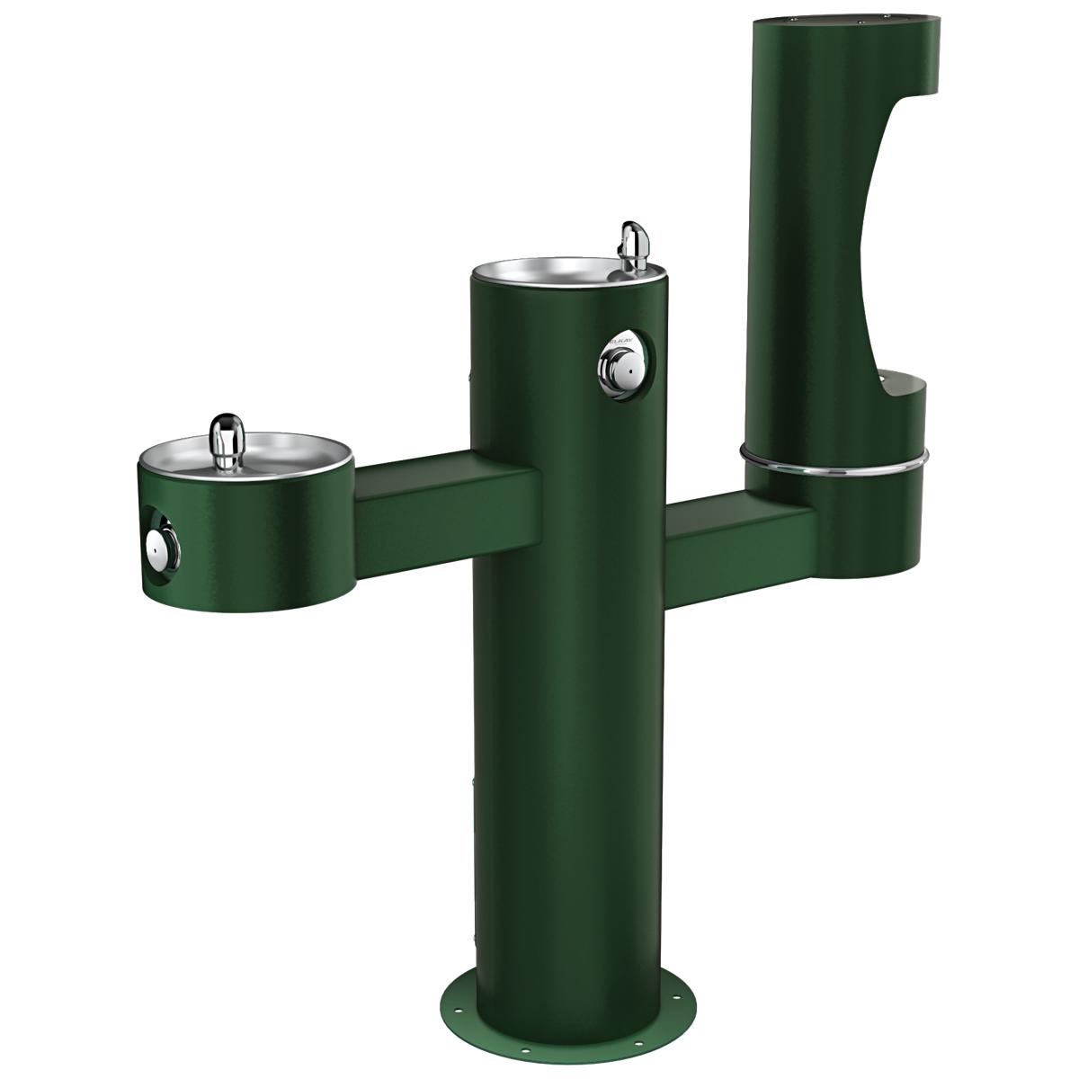 Elkay outdoor tri-level pedestal water fountain with three drinking stations in evergreen finish, featuring chrome spouts and