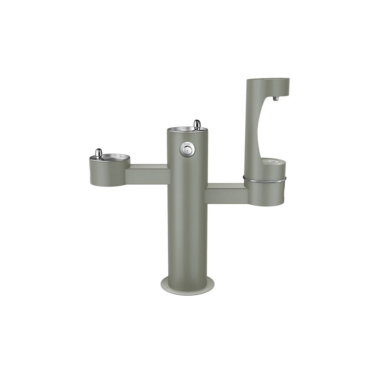 Gray tri-level pedestal water fountain with three spouts at varying heights for bottle filling.