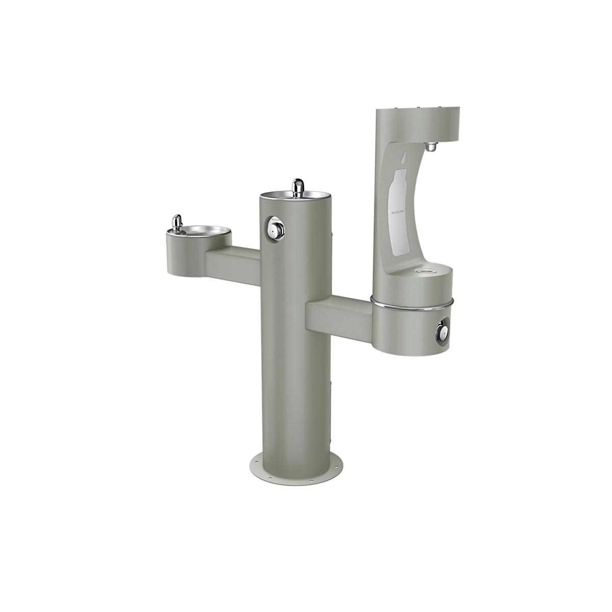 Gray outdoor water fountain with three filling stations at different heights and curved spout for bottle filling.