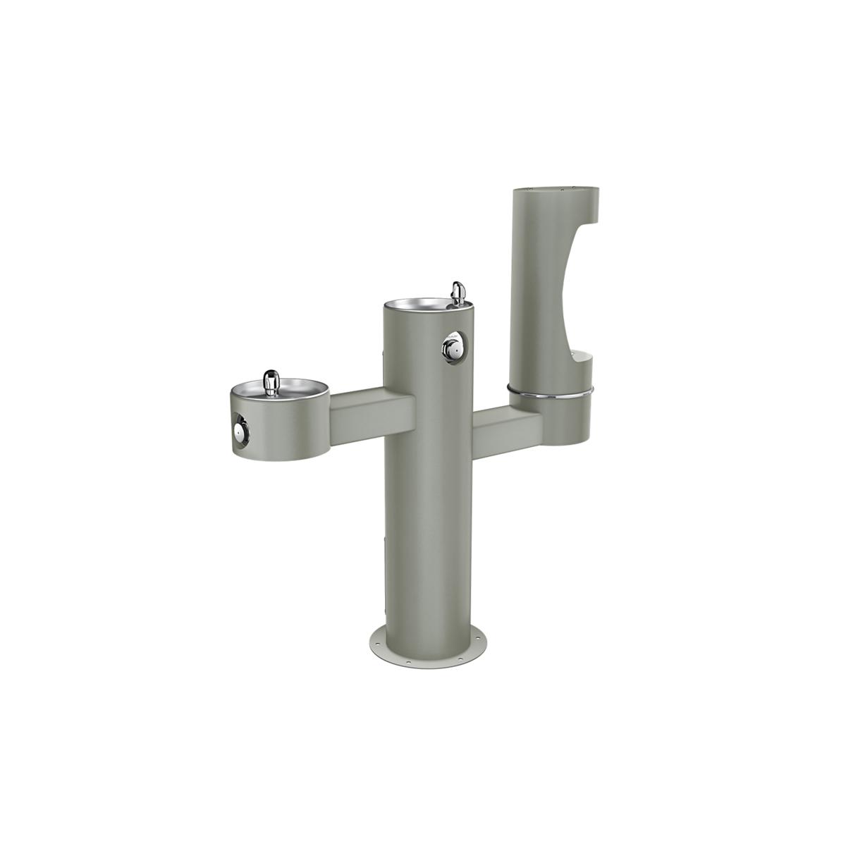 Gray tri-level pedestal water bottle filling station with three spouts at different heights and foot pedal activation.