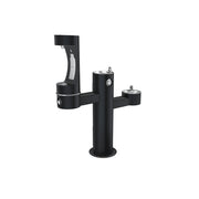 Black pedestal water filling station with three spouts at different heights and bottle filler openings.