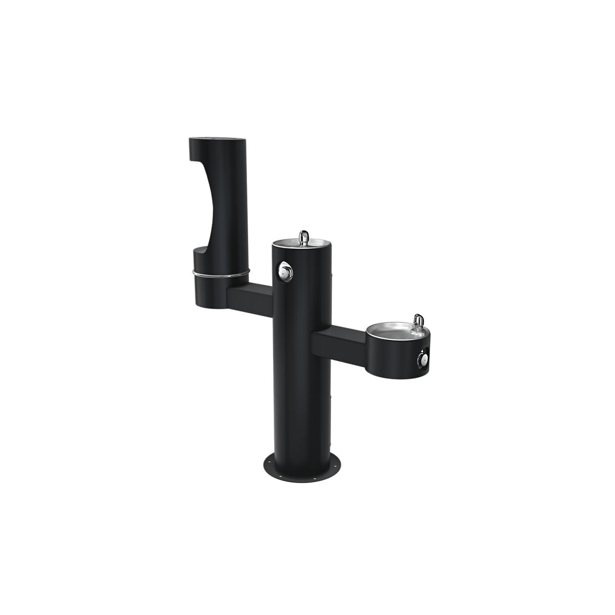 Black pedestal water bottle filling station with three spouts at different heights and metal drinking cups.