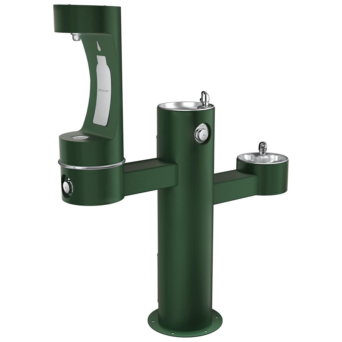Evergreen pedestal water fountain with three stainless steel basins at different heights and foot pedal dispensers.