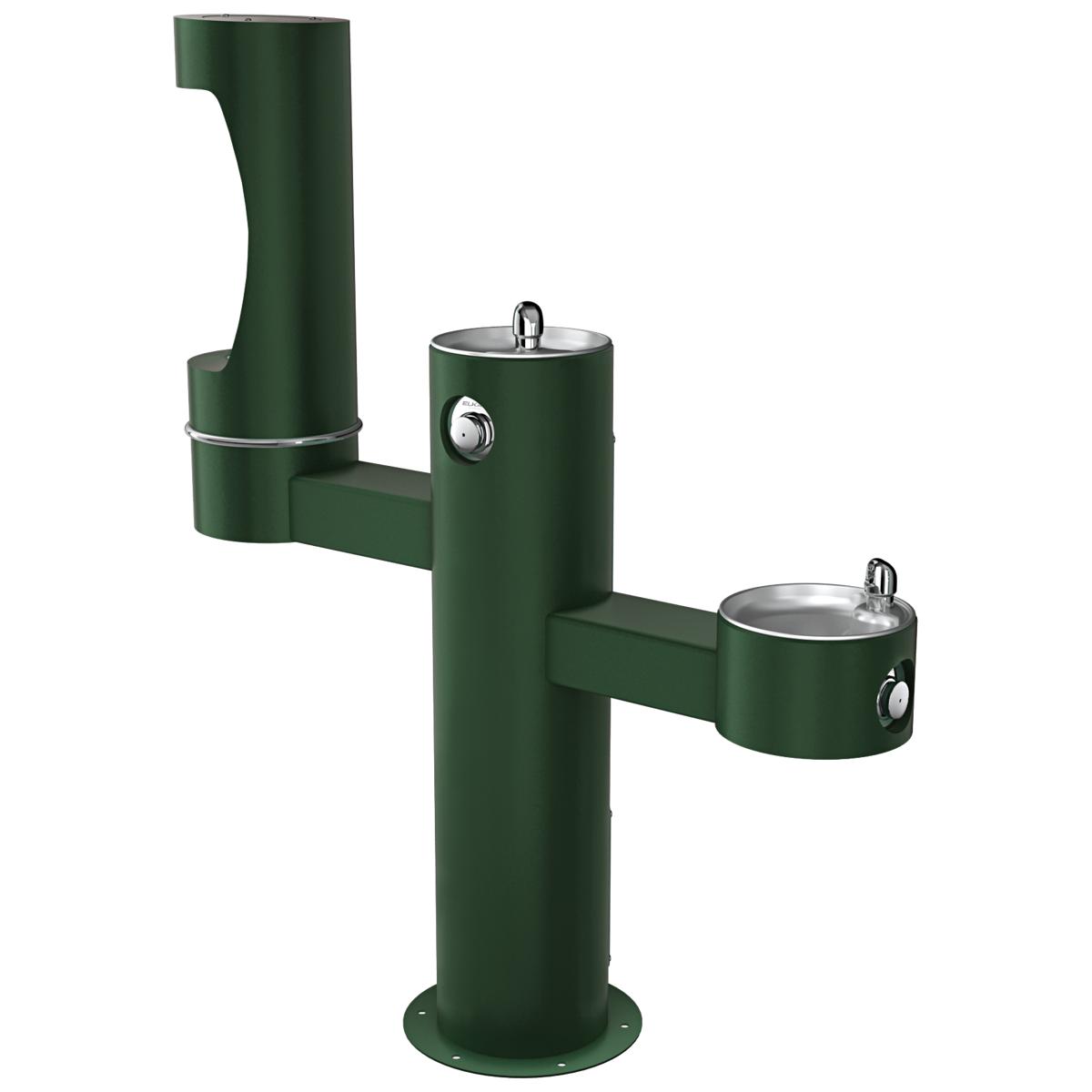 Green tri-level outdoor water fountain pedestal with three drinking bowl stations at different heights and foot pedal control