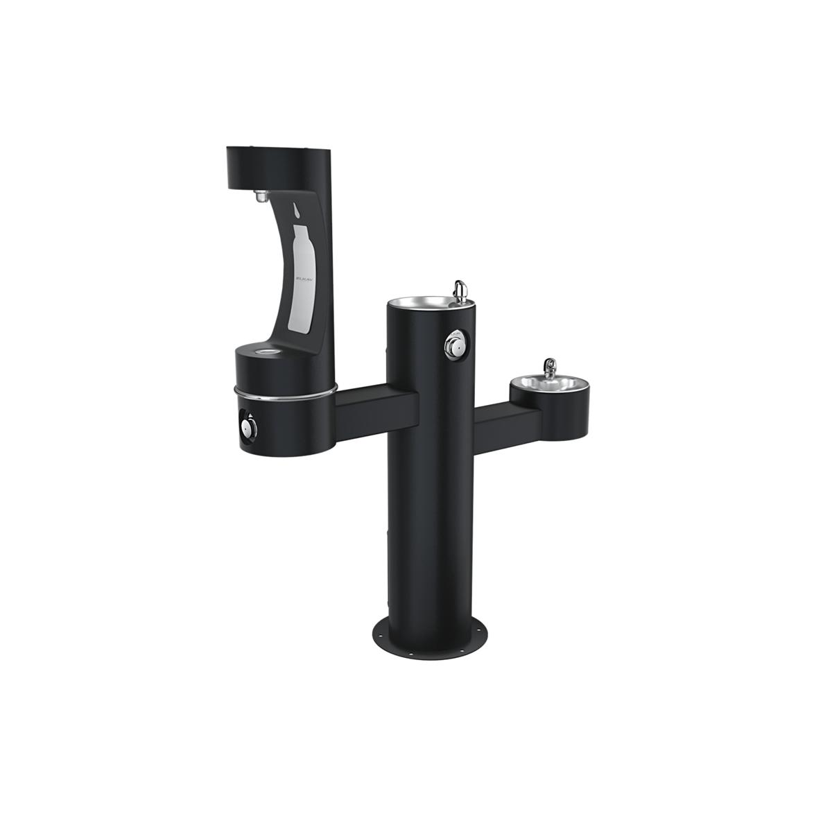 Black outdoor pedestal water bottle filling station with three spouts at varying heights and push-button controls.
