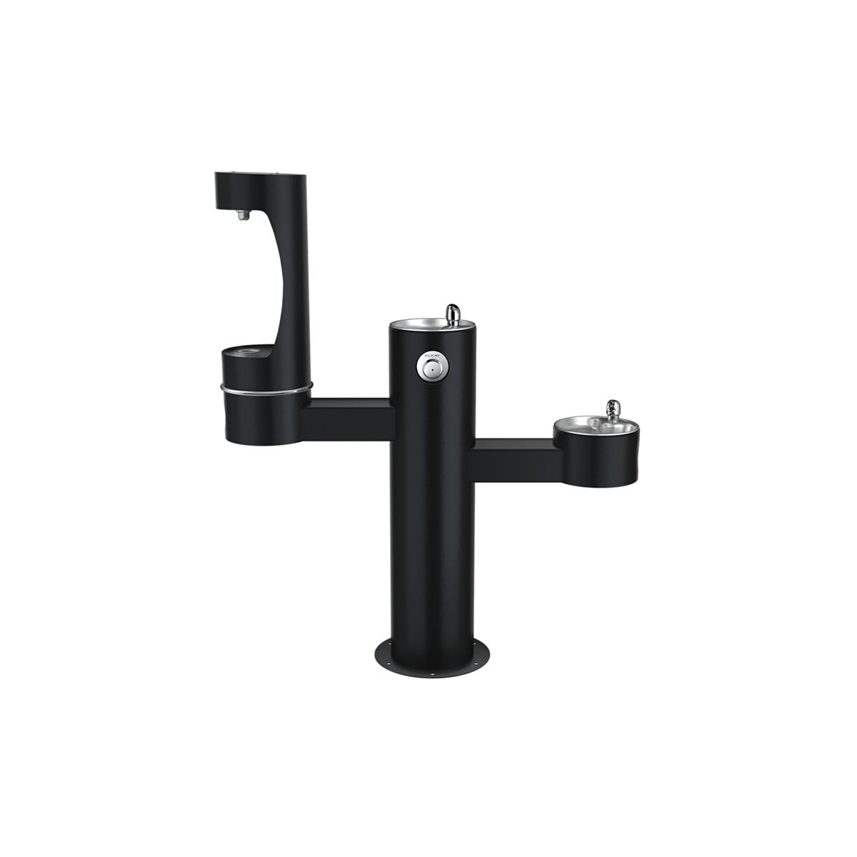 Black pedestal water filling station with three spouts at varying heights for bottle refilling.