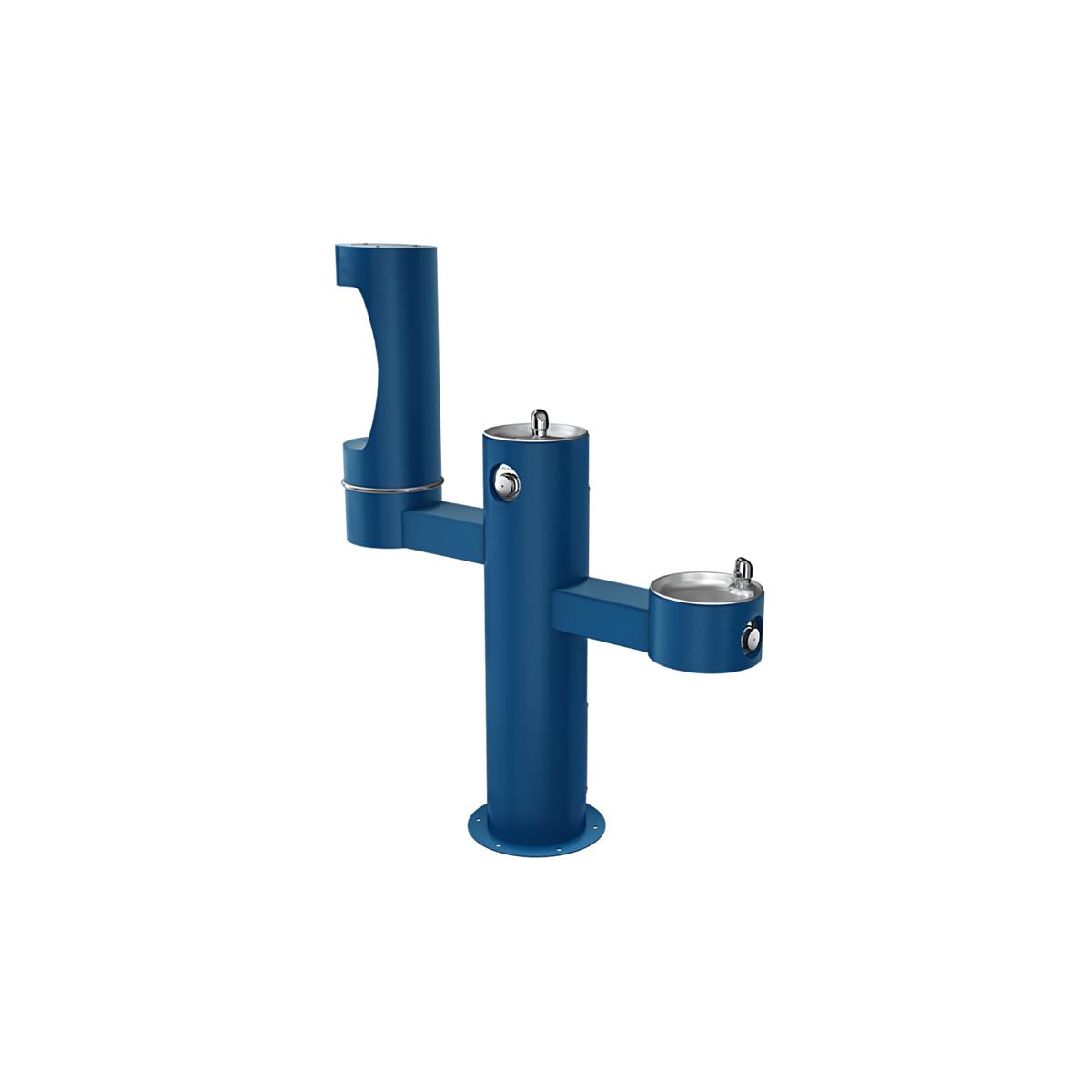 Blue pedestal water bottle filling station with three stainless steel drinking fountains at different heights.