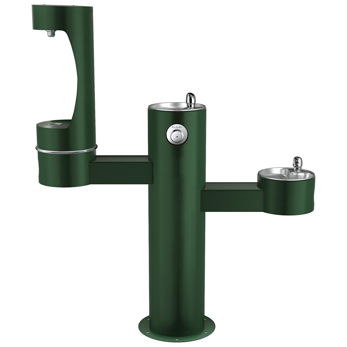 Green pedestal bottle filling station with three drinking fountains at different heights and stainless steel basins.
