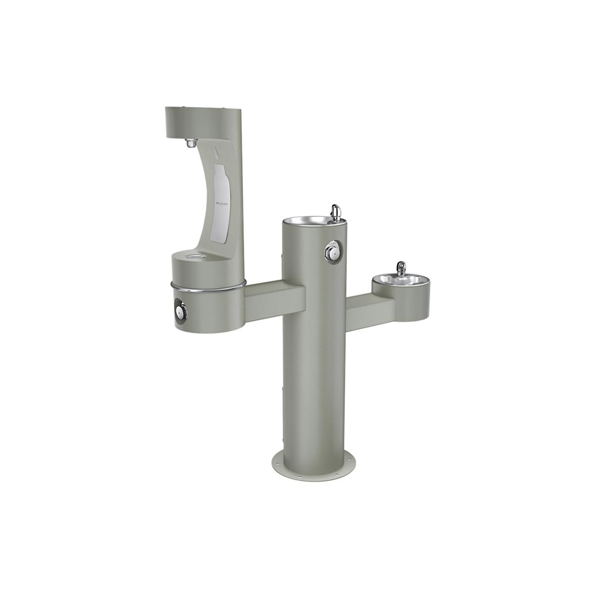 Gray tri-level outdoor water bottle filling station with three drinking fountains at different heights and foot pedal operati