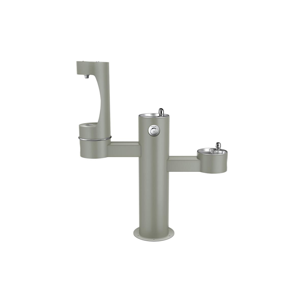 Gray pedestal water station with three fountain heads at different heights for bottle filling.