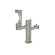 Gray pedestal water fountain with three bottle filling stations at different heights and push-button dispensers.