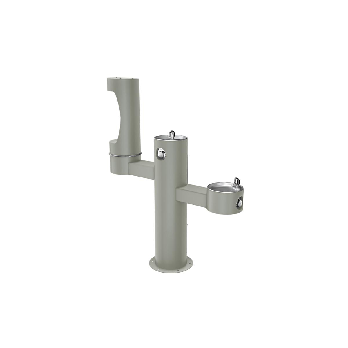 Gray tri-level outdoor pedestal water bottle filling station with three spouts at different heights.