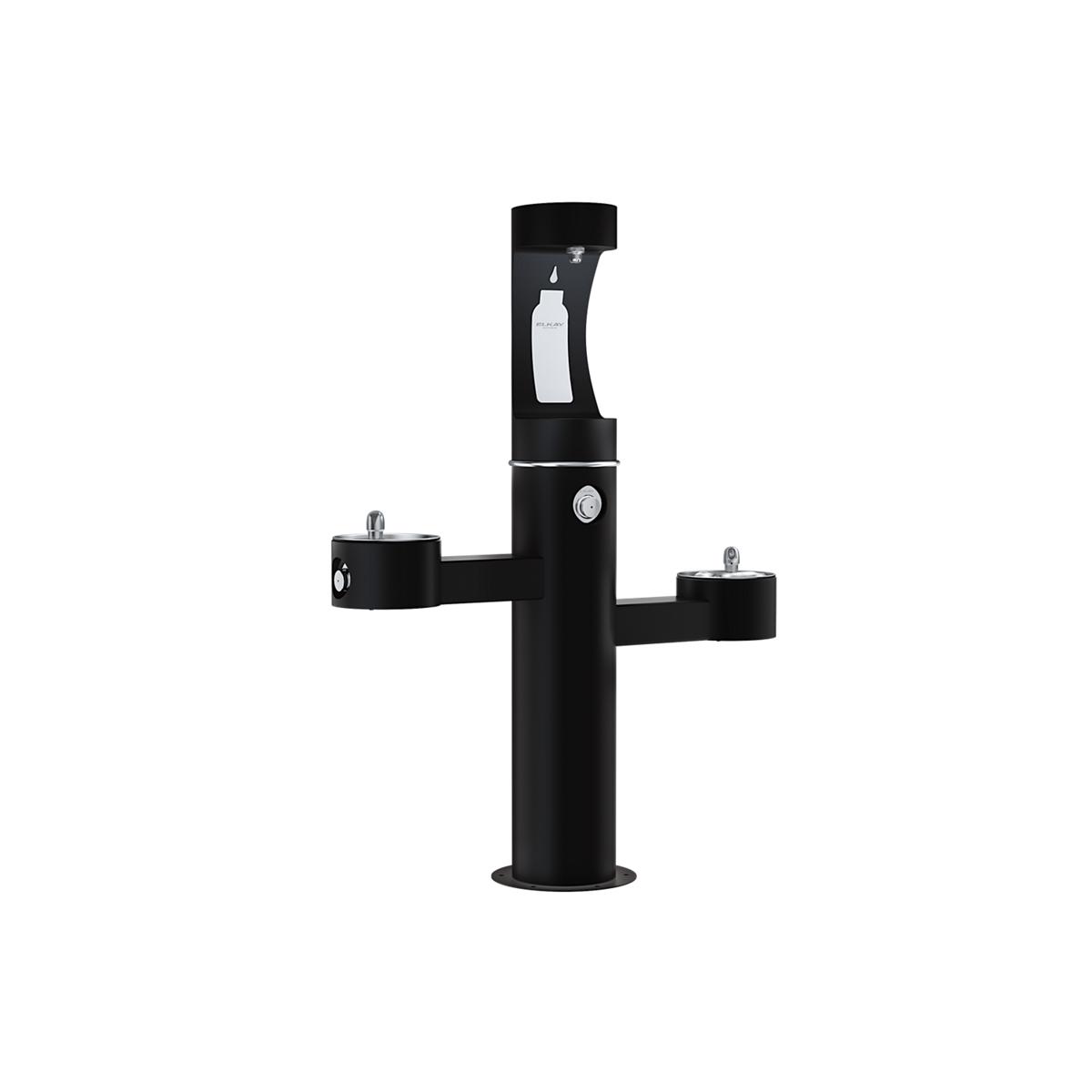 Black pedestal water bottle filling station with upper dispenser and two lower side spouts.