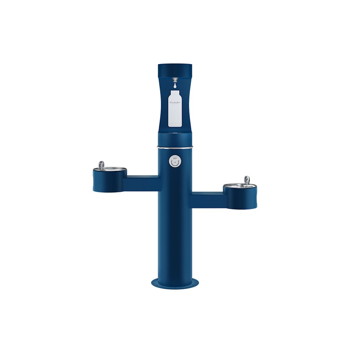 Blue pedestal water bottle filling station with upper bottle holder and two lower drinking fountains with push-button dispens