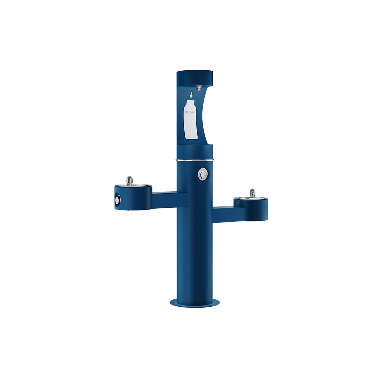 Blue pedestal water fountain with three drinking stations at different heights and upper bottle filling station.